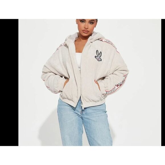 Looney Toons Members Only Bugs Bunny Corduroy Puffer Jacket in Taupe - Large - Picture 10 of 10